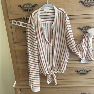 L'AGENCE Tan and White Striped Button-Down Shirt